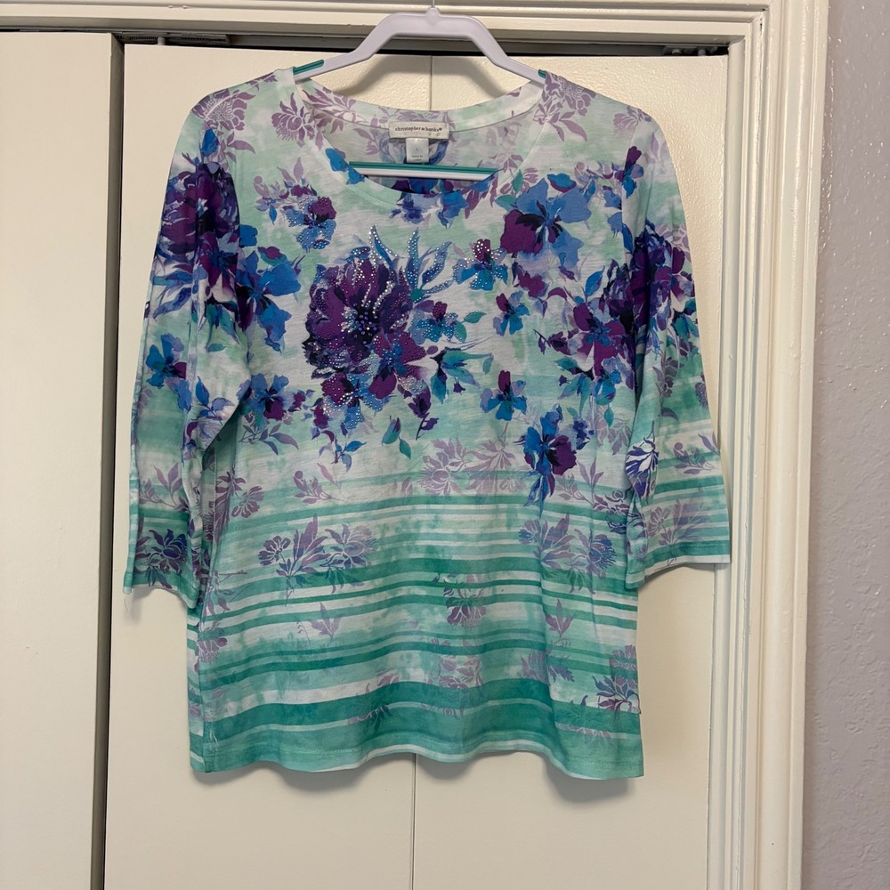 Christopher & Banks Womens Floral Stripe Rhinestone 3/4 Sleeve Top Purple Mint L - Picture 7 of 7